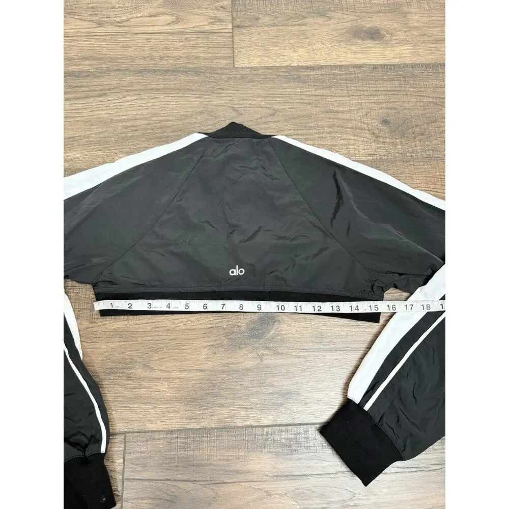 Alo Yoga Racetrack Shrug Black White Crop Jacket Zip Long Sleeve Sz XS